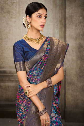 Navy Blue Banarasi Pashmina Silk Saree_Kumari Sarees