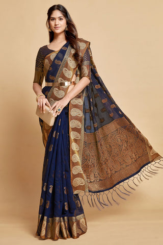 Navy Blue Chanderi Cotton Saree_Kumari Sarees