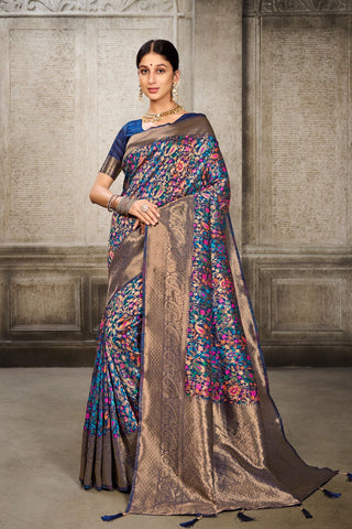 Navy Blue Banarasi Pashmina Silk Saree_Kumari Sarees