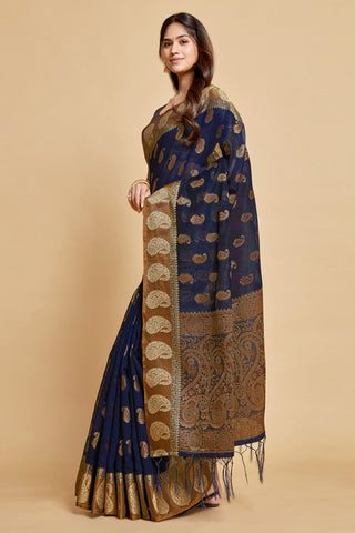 Navy Blue Chanderi Cotton Saree_Kumari Sarees