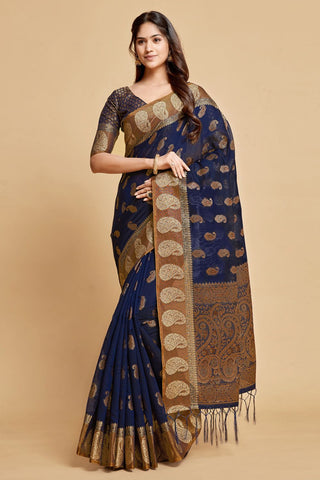 Navy Blue Chanderi Cotton Saree_Kumari Sarees