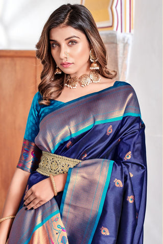 Navy Blue Soft Peshwai Paithani Silk Saree_Kumari Sarees