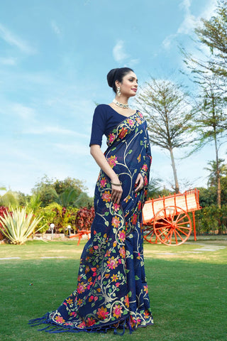 Navy Blue Soft Cotton Jamdani Floral Saree_Kumari Sarees