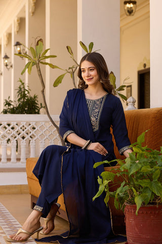 Navy Blue Reyon Chinon With Embroidery Kurta Set_Kumari Sarees