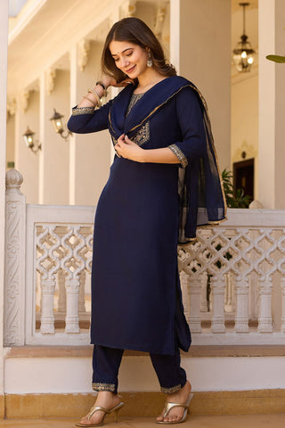 Navy Blue Reyon Chinon With Embroidery Kurta Set_Kumari Sarees