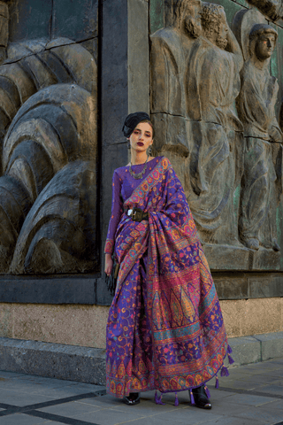 Navy Blue Organza Kashmiri Handloom Sarees_Kumari Sarees