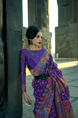 Navy Blue Organza Kashmiri Handloom Sarees_Kumari Sarees