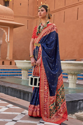 Navy Blue & Red Banarasi Patola Silk Saree_Kumari Sarees