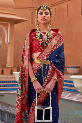 Navy Blue & Red Banarasi Patola Silk Saree_Kumari Sarees