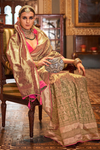 Olive Green Banarasi Patola Silk Saree_Kumari Sarees