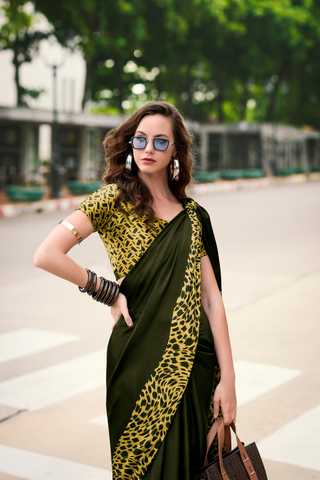 OLIVE GREEN SATIN SILK SAREE