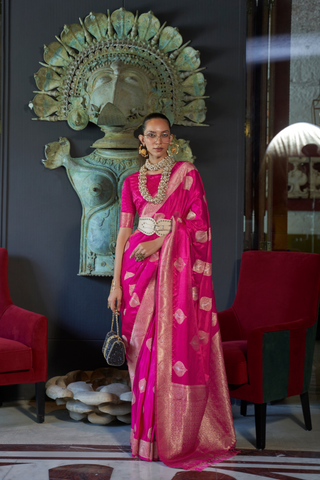 Onion Pink Nylon Pure Satin Handloom Weaving Saree_Kumari Sarees