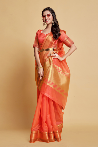 Orange Solid Organza Saree_Kumari Sarees