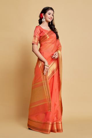Orange Solid Organza Saree_Kumari Sarees
