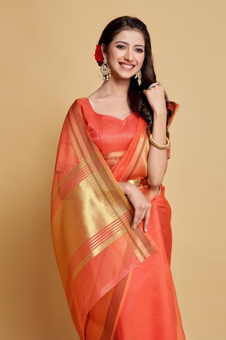 Orange Solid Organza Saree_Kumari Sarees