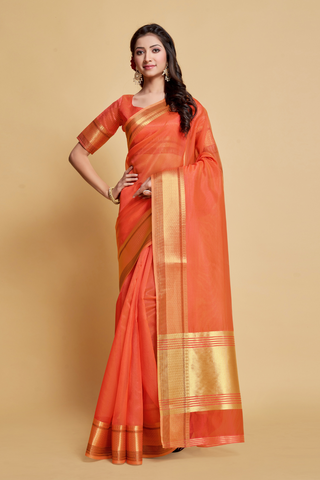 Orange Solid Organza Saree_Kumari Sarees