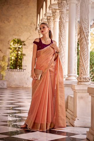 Orange Tissue Linen Silk Saree_Kumari Sarees