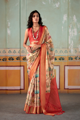 Orange & Beige Pure Handloom Tissue Silk Saree_Kumari Sarees