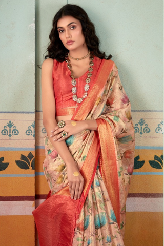Orange & Beige Pure Handloom Tissue Silk Saree_Kumari Sarees