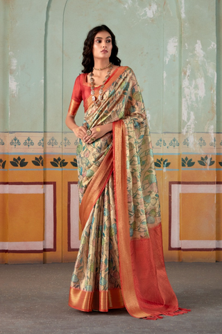 Orange & Blue Pure Handloom Tissue Silk Saree_Kumari Sarees