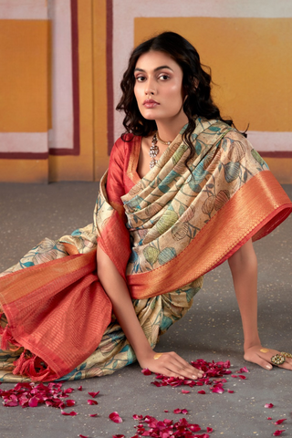 Orange & Blue Pure Handloom Tissue Silk Saree_Kumari Sarees