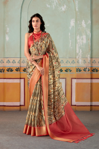 Orange & Brown Pure Handloom Tissue Silk Saree_Kumri Sarees
