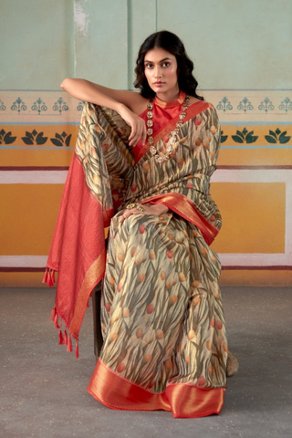 Orange & Brown Pure Handloom Tissue Silk Saree_Kumri Sarees