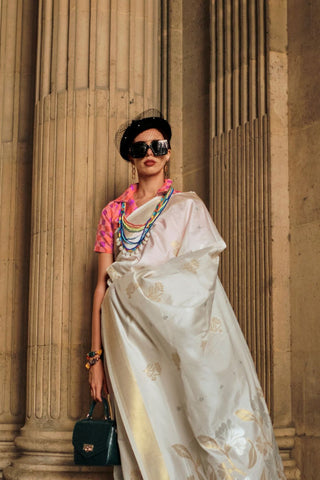 Off White Soft Silk Handloom Weaving Saree_Kumari sarees