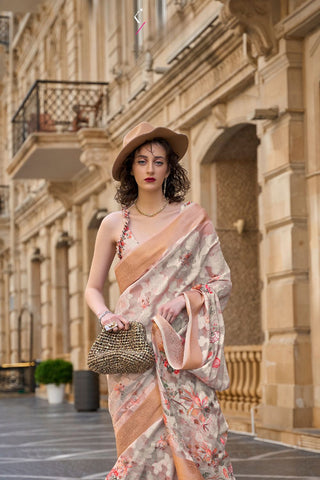 Off White & Orange Printed Poly Brasso Handloom Weaving Saree_Kumari Sarees