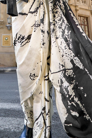 Off White Print Satin Crepe Saree_Kumari Sarees