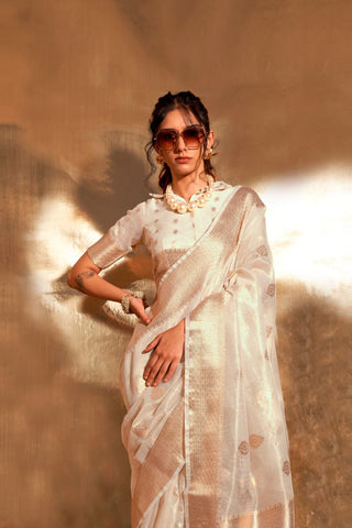 Off White Paithani Zari Tissue Saree_Kumari Sarees