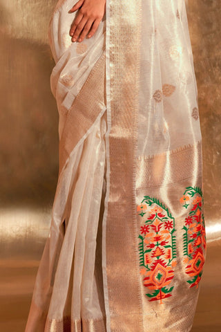 Off White Paithani Zari Tissue Saree_Kumari Sarees