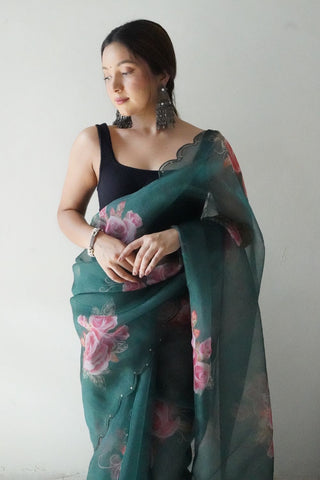 Olive Green Organza Silk Saree