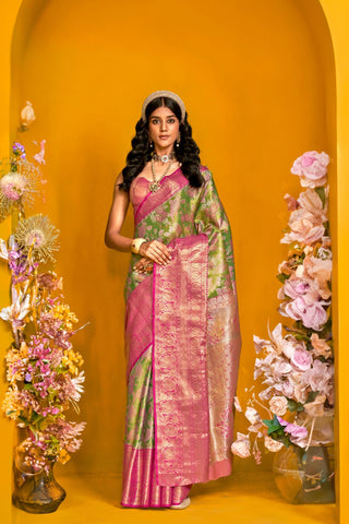 Olive Green Pure Handloom Dharmavaram Weaving Silk Saree_Kumari Sarees