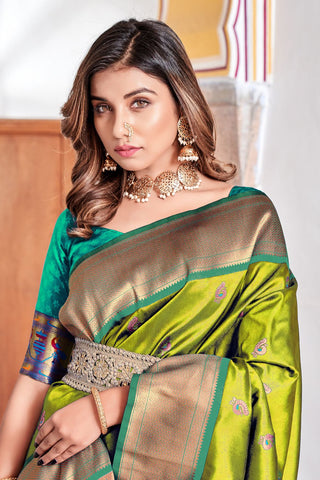 Olive Green Soft Peshwai Paithani Silk Saree_Kumari Sarees