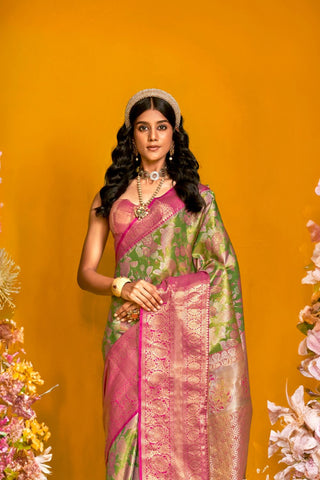 Olive Green Pure Handloom Dharmavaram Weaving Silk Saree_Kumari Sarees