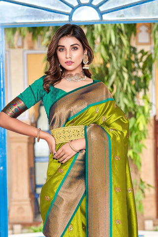 Olive Green Soft Peshwai Paithani Silk Saree_Kumari Sarees