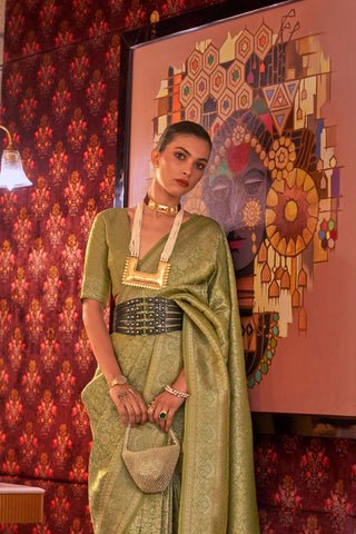 Olive Green Nylon Two Tone Zari Handloom Weaving Silk Saree_Kumari Sarees
