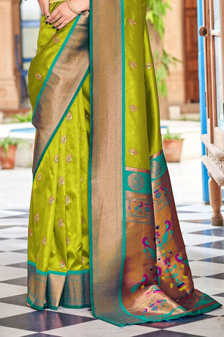 Olive Green Soft Peshwai Paithani Silk Saree_Kumari Sarees