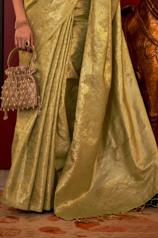 Olive Green Zari Basi Handloom Weaving Silk Saree_Kumari Sarees