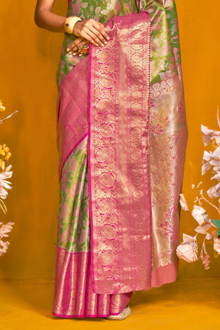 Olive Green Pure Handloom Dharmavaram Weaving Silk Saree_Kumari Sarees