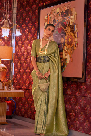 Olive Green Nylon Two Tone Zari Handloom Weaving Silk Saree_Kumari Sarees