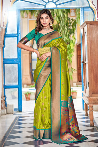 Olive Green Soft Peshwai Paithani Silk Saree_Kumari Sarees