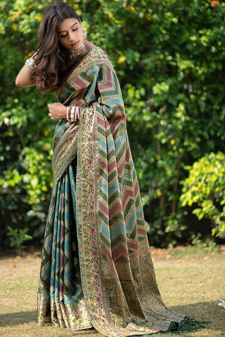 Olive Green Organza Leheriya Woven Design Saree_Kumari Sarees