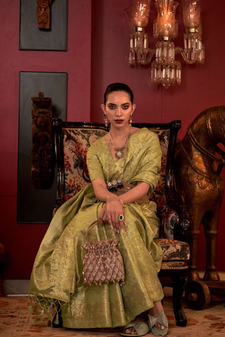 Olive Green Zari Basi Handloom Weaving Silk Saree_Kumari Sarees