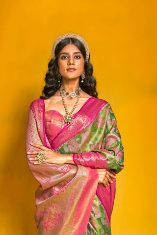 Olive Green Pure Handloom Dharmavaram Weaving Silk Saree_Kumari Sarees