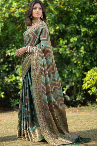 Olive Green Organza Leheriya Woven Design Saree_Kumari Sarees