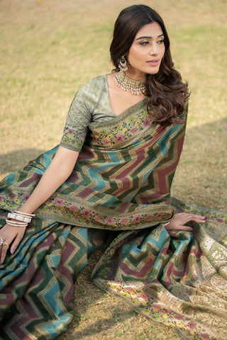 Olive Green Organza Leheriya Woven Design Saree_Kumari Sarees