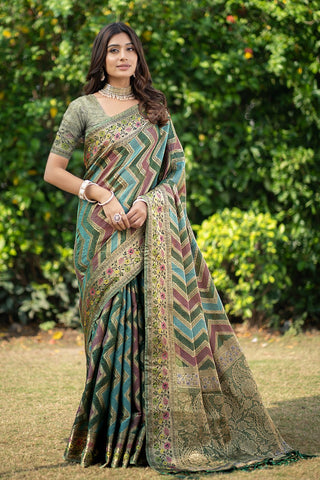 Olive Green Organza Leheriya Woven Design Saree_Kumari Sarees