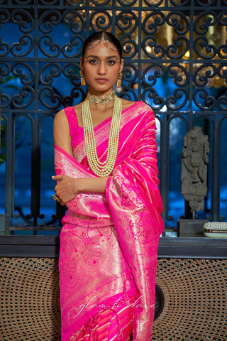 Onion Pink Pure Satin Handloon Weaving Saree_kumari Sarees